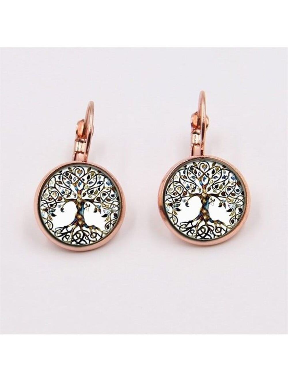 White Multi Tree of Life Glass Cabochon Rose Gold Plated Leverback Earrings